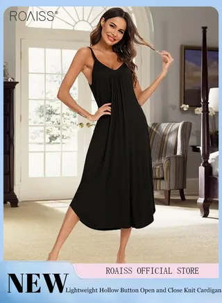Women's Cotton Sleeveless Nightdress Classic Solid V-Neck Dress Comfortable Breathable Pleated Long Nightdress 