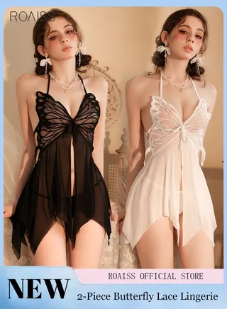 2 Piece Lace Butterfly Wing Sleeping Skirt Set Hanging Neck Thin Shoulder Strap With Underwear Pajama Set 