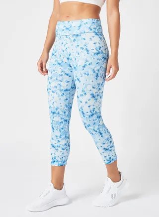 Women's High Rise Sports Training Workout Stretch Leggings With Elastic Waist And All Over Print White/Blue 