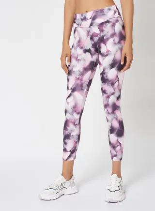 Women's High Rise Sports Training Workout Cropped Length Stretch Leggings With Elastic Waist And All Over Print Multicolour 
