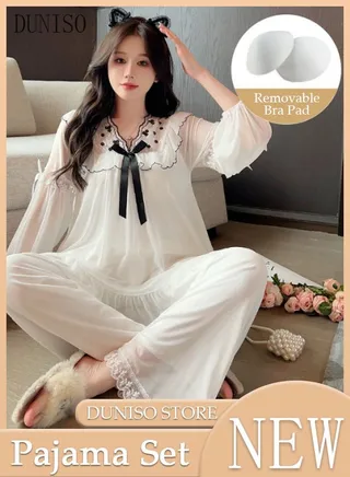 2-Piece Women's Soft Pajamas Set V Neck Night Wear Loungewear with Removable  Bra Pad Spring And Autumn Home Wear Long Sleeve Top And Pants for Girl Friend and Wife 