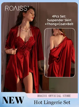 4Pcs Butterfly Halter Neck Nightgown for Women Satin Lace Mesh Transparent Suspender Pajamas Ice Silk Lace up Front Backless Deep V Nightdress Ladies Luxury French Style Loungewear 