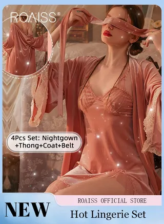 4Pcs French Velvet Lace Mesh Pajamas for Women Hollow Backless Suspender Nightgown Ladies Soft Skin-Friendly Comfortable Loungewear Cute Girly Type Luxurious Noble Nightdress 