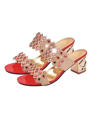 Rhinestones Hollow Out Casual Sandal Red 