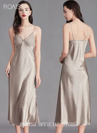 Women V-neck Lace Nightdress Long Silk Suspender Dress Solid Loungewear Textured Sleepwear Pajamas Ladies Satin Loose Nightgown Female Loungewear Grey 