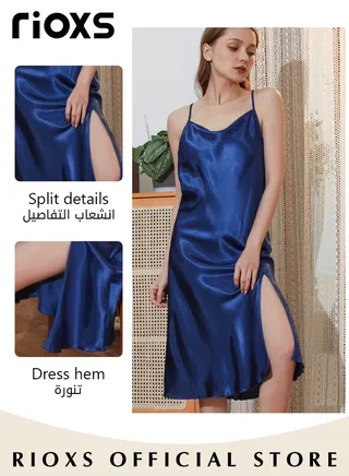 Women's Glossy Satin One Neck Nightgowns Silk Sleepwear Nightdress Backless Midi Long Nightie Dress with Adjustable Cross Strap 