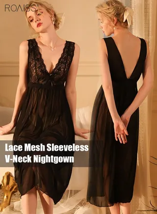 Women's Sweet V-Neck Nightgown Translucent Mesh Dress  Backless Sleeveless Nightgown 