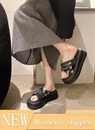 Women's Summer Walking Sandals Air Cushion Support Platform Open Tole Slippers Comfortable Casual Wedge Sandals with Non-slip Soles Thick Sole Beach Slippers Indoor and Out Door 