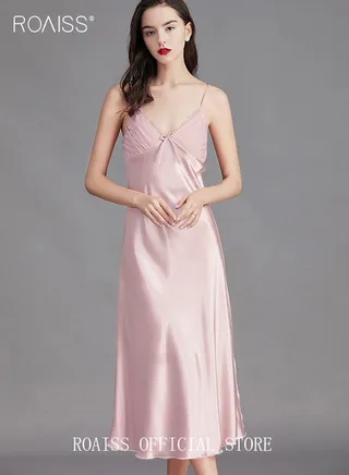Women V-neck Lace Nightdress Long Silk Suspender Dress Solid Loungewear Textured Sleepwear Pajamas Ladies Satin Loose Nightgown Female Loungewear Pink 