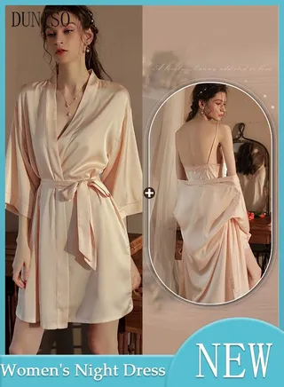 3-piece Women's Night Dress Set with Robe Waistband Sweet Silky Nightgown Lace V Neck Pajama Dress Sleepwear Girls Comfortable Nightwear Summer Home Wear Lounge Dress 