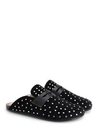 Women's Textile Flat Slide Clogs Decoration with Crystals Black 
