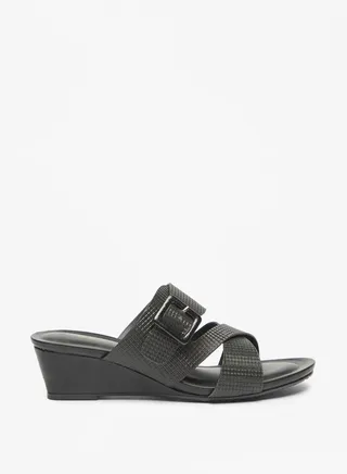 Women's Textured Cross Strap Slide Sandals With Buckle Accent And Wedge Heels Ramadan Collection 