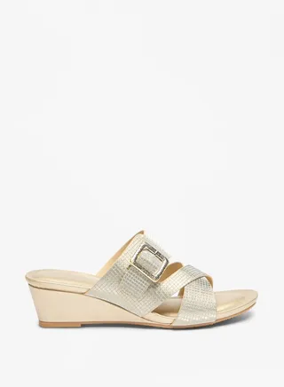 Women's Textured Cross Strap Slide Sandals With Buckle Accent And Wedge Heels Ramadan Collection 
