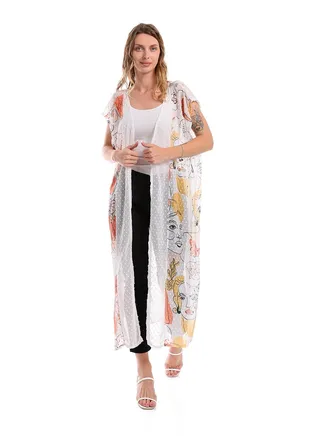 Sleeveless Chiffon Long Cardigan With Patterned Accent - Off White 