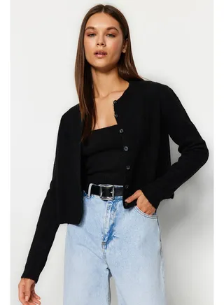 Black Crop Soft Textured Blouse- Cardigan Knitwear Suit Knitwear Cardigan TWOAW21HI0107 