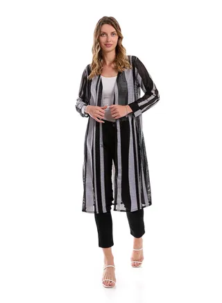 Perforated Patterned Open Neckline Cardigan - Light Grey & Black 