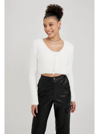 Woman Slim Fit V Neck Long Sleeve Tricot Cardigan 