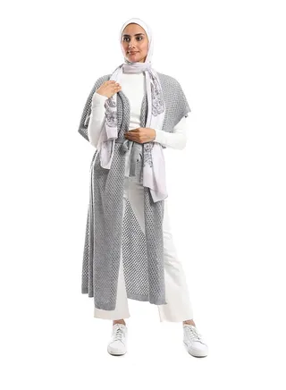 Perforated Pattern Open Neckline Cardigan - Stone Grey 