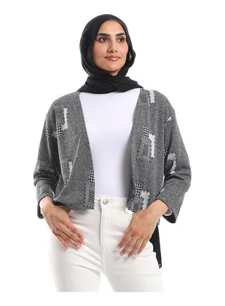 Open Neckline Self Pattern Slip On Cardigan - Black & Grey 