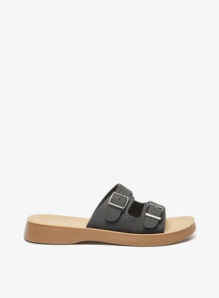 Womens Buckle Accent Slip On Sandals with Dual Straps 