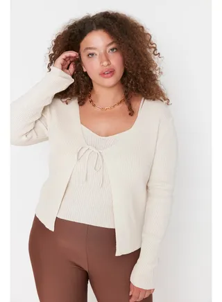 Beige V-Neck Tie Detail Fine Knitwear Cardigan & Singlet Suit 