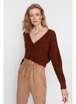 Tile Super Crop. Soft Textured, Button Detailed Knitwear Cardigan TWOAW21HI0017. 