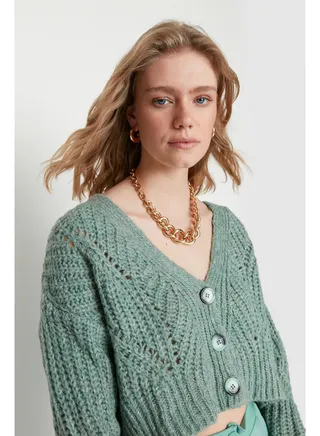 Mint Crop Button Detailed Knitwear Cardigan 