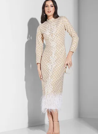 Embroidered Fur Hem Dress