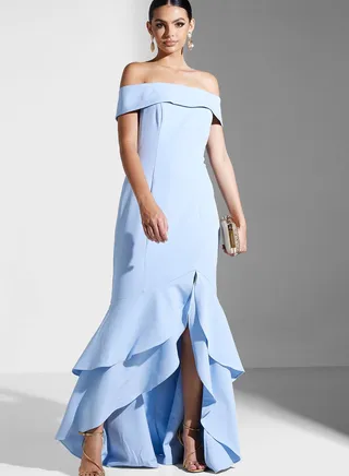Bardot Ruffle Asymmetrical Hem Dress