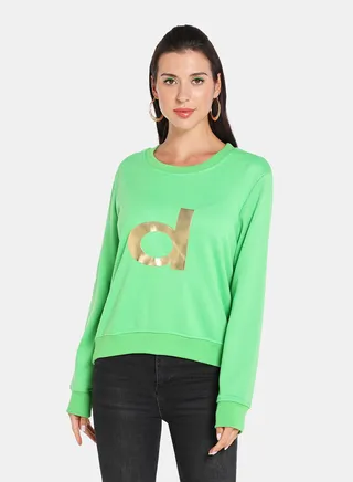 Alphabet Printed Crew Neck Pullover Green/Gold 