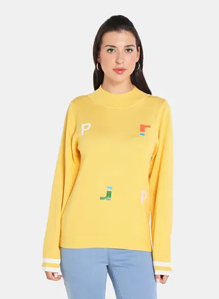 Solid Pattern High Neck Pullover Yellow/White 