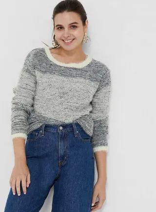 Solid Textured Long Sleeves Pullover Blue As Sample 