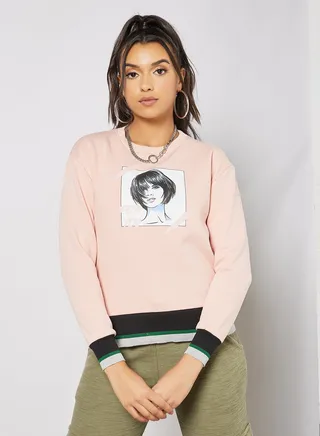 Graphic Printed Crew Neck Pullover Pink/Black/White 