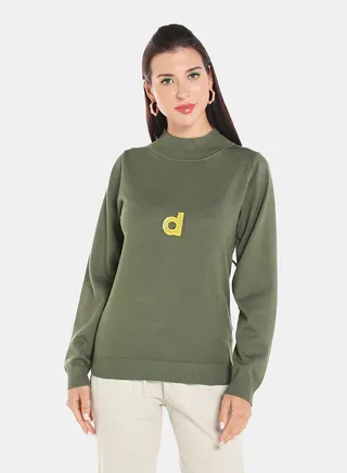 Alphabet Printed High Neck Pullover Olive 