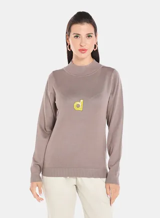 Alphabet Printed High Neck Pullover Brown 