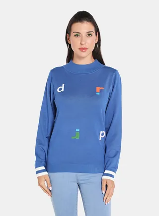 Solid Pattern High Neck Pullover Blue/White 