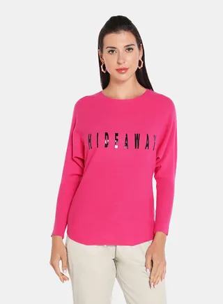 Slogan Printed Round Neck Pullover Pink/Black 