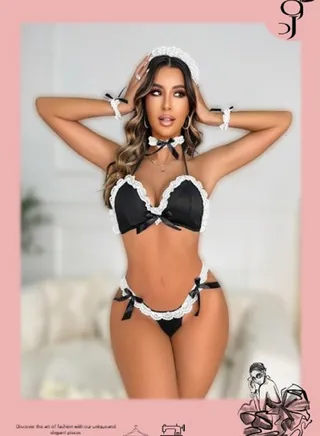 طقم بيكينى لانجيري مصنوع من القطن مزين بدانتيل عند الصدر 5قطع من براند ورد 