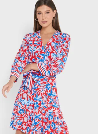Wrap Neck Tie Detail Printed Dress