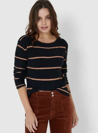 Stripe Design Long Sleeves Pullover Black 