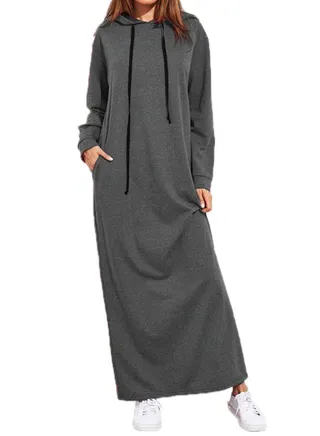 Long Sleeves Ankle-length Hooded Pullover Grey 