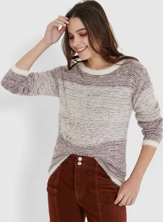 Solid Textured Long Sleeves Pullover White/Brown 