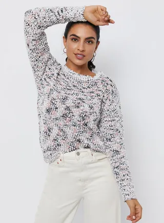 Solid Textured Long Sleeves Pullover Pink/White 