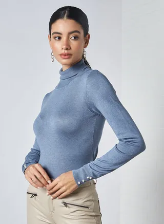 Solid Textured Long Sleeves Pullover Blue Melange As Swatch 