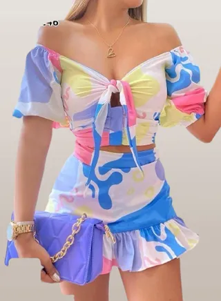 A new women's lingerie set, skirt with a short top with a tie at the chest 