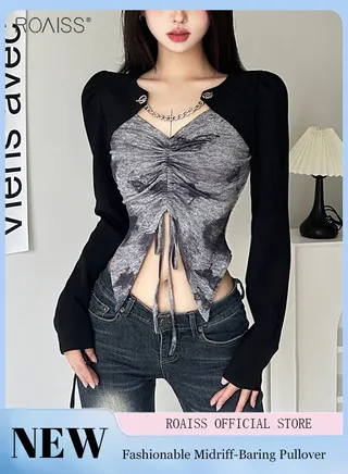Fashionable Patchwork Top For Women Versatile For Daily Commuting T-Shirt With Irregular Hem Adjustable Drawstring Midriff-Baring Pullover 