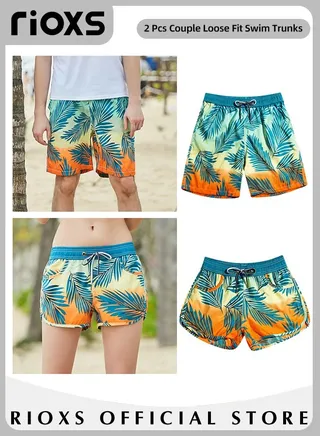 2 Pcs Adult Lovers Loose Swim Trunks Mens And Womens Quick-Drying Beach Shorts Swimwear Bathing Suit With Pockets 