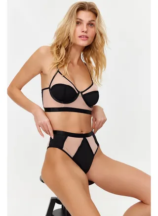 Black Micro Tulle Detailed Coverless Underwire Underwear Set THMSS24CC00009 