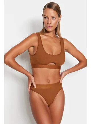 Brown Ribbed Elastic Window/Cut Out Detailed Underwear Set THMSS23CC00110 