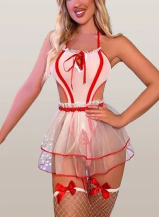 MANIKAN Women's lingerie set , made of chiffon, with bows and fishnet stockings 
